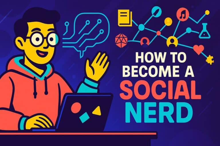 Bright illustration of a social media enthusiast with glasses, surrounded by icons representing communication, networking, and technology, emphasizing tips to become a social media nerd and upgrade online presence.