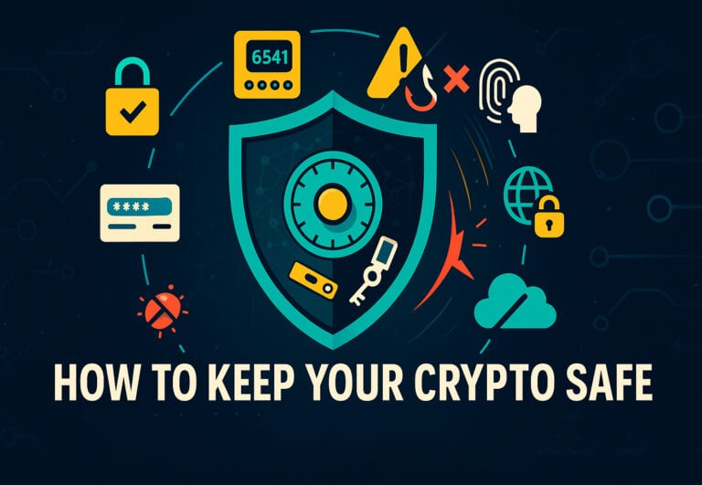 Enhanced cybersecurity and crypto safety tips illustrated with digital security icons, emphasizing protecting digital assets and private information in the cryptocurrency world.