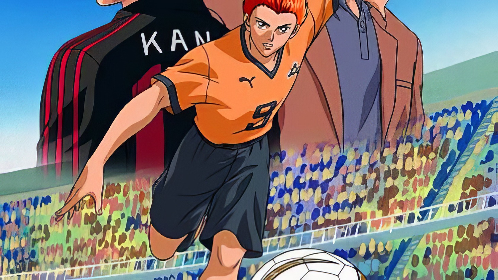 Anime About Soccer: 10 Winning Picks to Watch Now 4 Vibrant illustration of a dynamic soccer player in orange jersey kicking a ball on a packed stadium field, capturing energy, athleticism, and excitement of sports events.