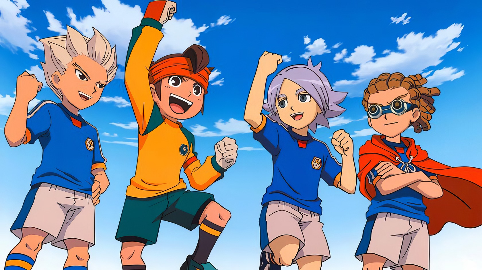 A focused 12-year-old boy sits on a colorful rug, immersed in watching *Inazuma Eleven* in his cozy, soccer-themed bedroom. Vibrant animated characters from GeekExtreme showcasing teamwork and adventure under a bright blue sky.