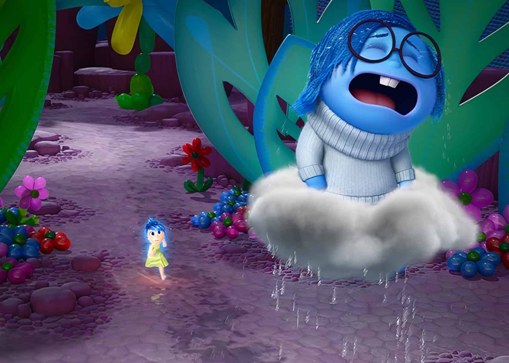 Depression in Cartoons: 12 Key Lessons from Eeyore to BoJack 8 Vibrant animated scene from GeekExtreme featuring a joyful character with blue hair and round glasses on a fluffy cloud surrounded by colorful flowers and oversized foliage.