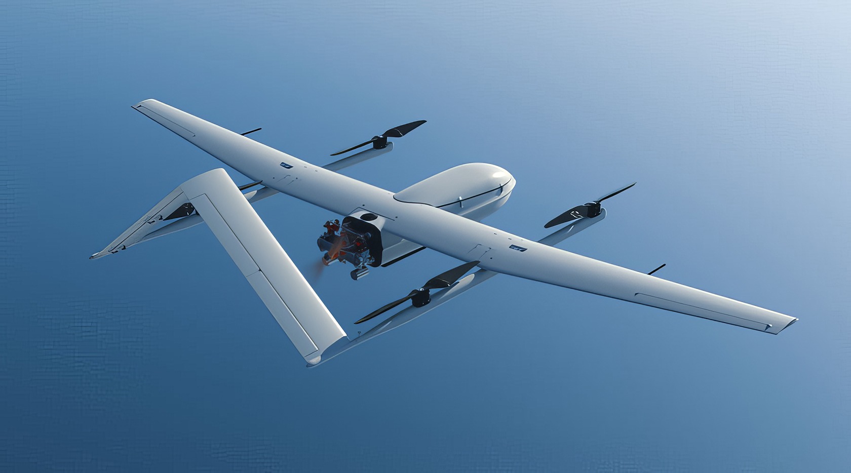 A JOUAV CW-30E drone flies overhead in an open field under a cloudy sky. High-tech white drone flying against clear blue sky, demonstrating innovative aerial technology and advanced robotics for drone enthusiasts and tech lovers.