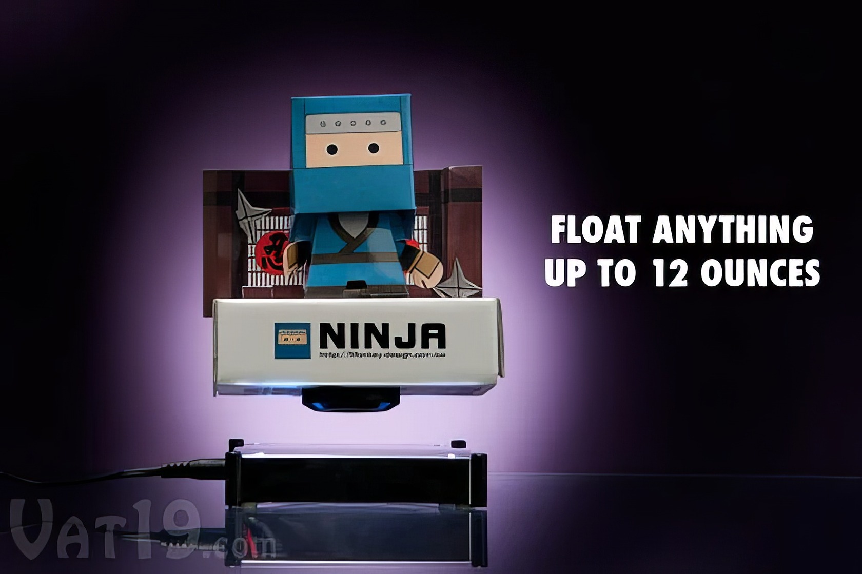 Levitron Revolution Ez Float: The Magical Floating Device 3 Colorful ninja-themed floating toy with 12-ounce capacity, featuring a cube-shaped ninja figure with a blue outfit, positioned on a floating platform with glowing background.