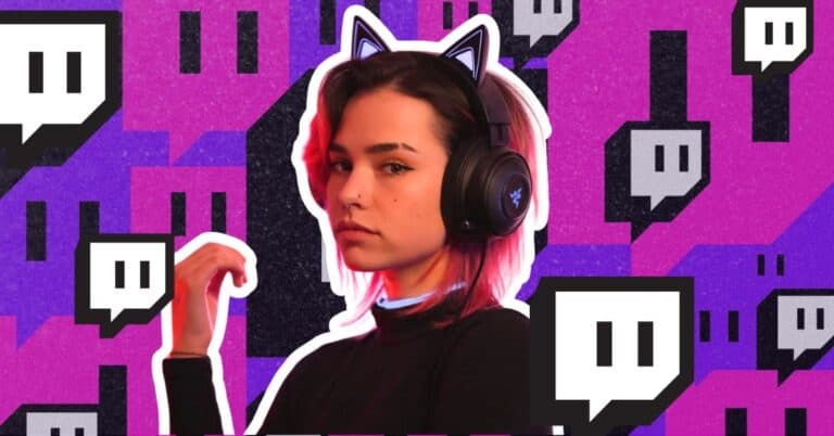 High-quality gaming headset worn by a female gamer with Twitch logos in the background, emphasizing professional streaming and gaming accessories.
