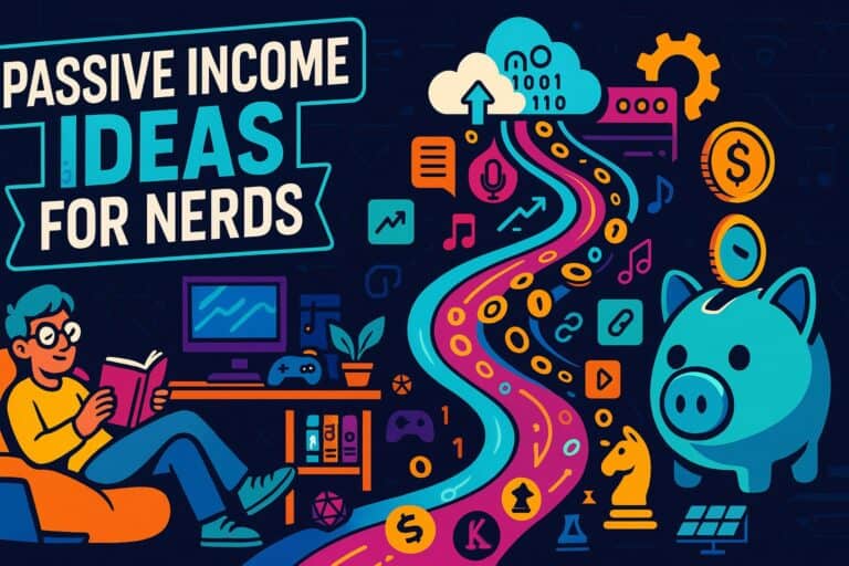 Passive income ideas for nerds digital illustration with gaming, tech, and finance icons, colorful abstract background, supporting online earnings and tech-savvy entrepreneurs.