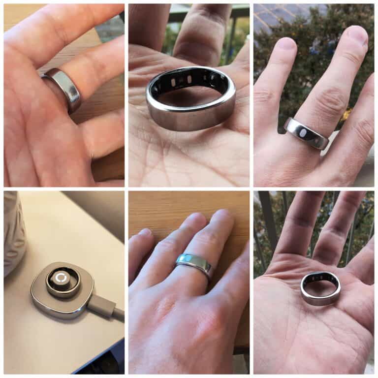 Metal smart ring with LED indicator and app connectivity, used for health tracking and notifications.