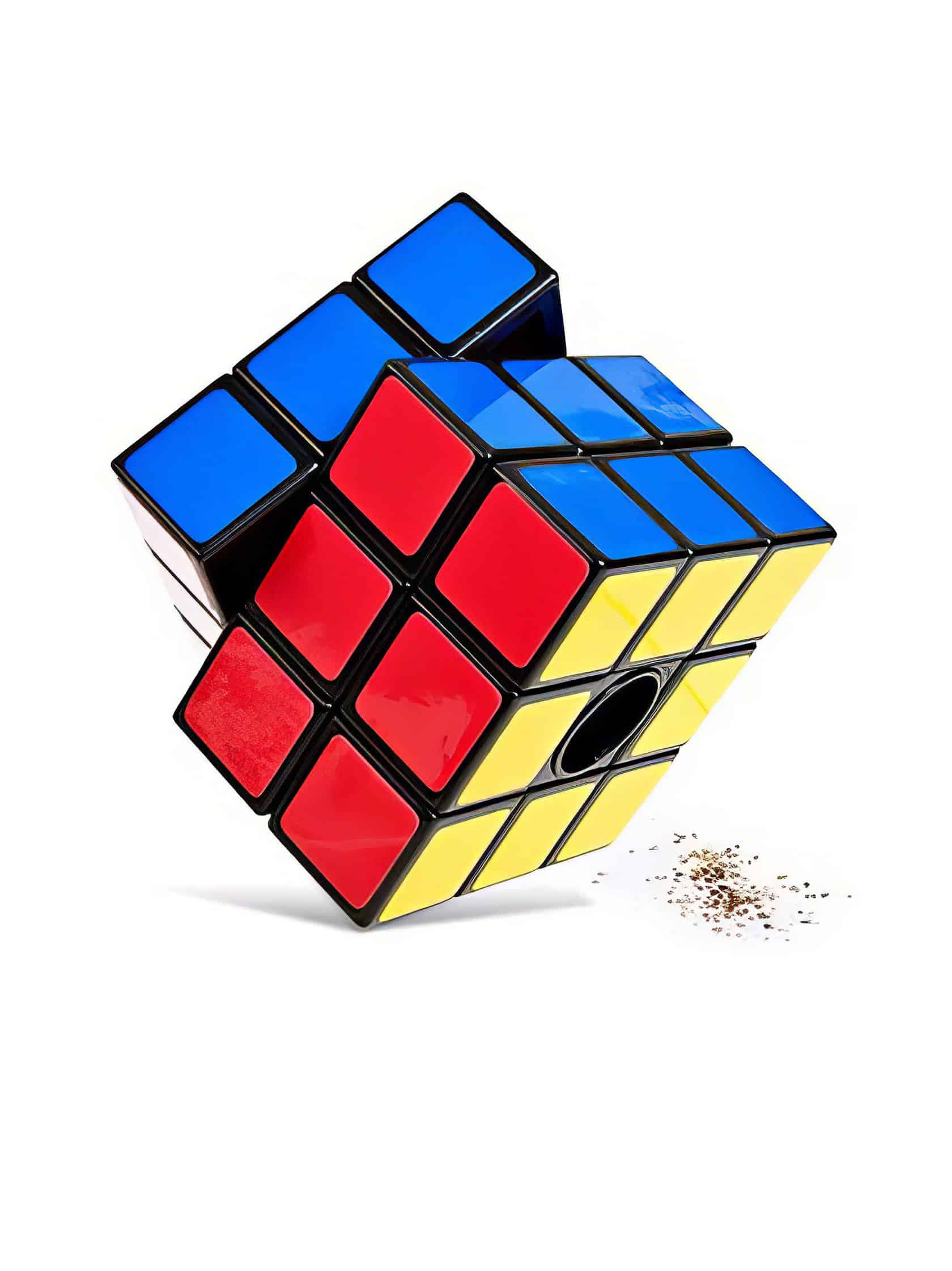 A colorful Rubik's Cube with some loose puzzle pieces and a small pile of dirt on a white background. The image highlights fun brain games, puzzles, and mental challenges for enthusiasts of geek culture and tech puzzles.