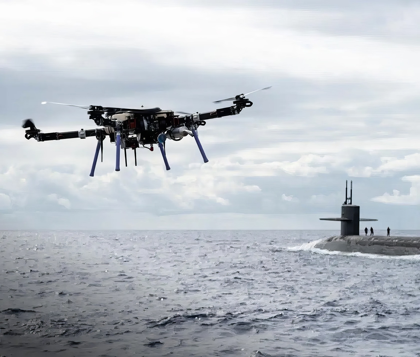 A Skyfront Perimeter 8 drone hovers over an industrial area, capturing thermal images during dusk. Autonomous drone flying over the ocean towards a submarine, showcasing advanced drone technology and military surveillance capabilities for optimal security and strategic operations.
