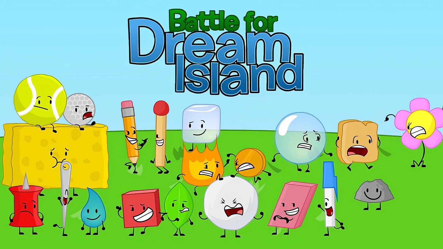 What Is BFDI (Battle For Dream Island)? Complete Guide 1 Colorful cartoon characters of various objects battling on Dream Island, representing fun and playful competition, with bright colors and expressive faces.