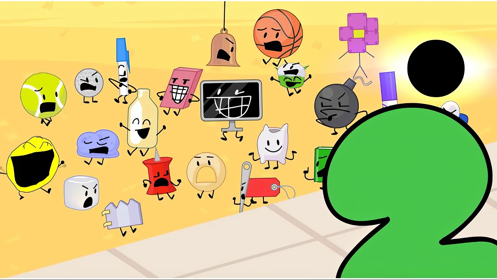 What Is BFDI (Battle For Dream Island)? Complete Guide 4 Balloon, cloud, and other cartoon characters with expressive faces and animated poses on a yellow background, demonstrating playful and lively digital art style related to technology and creativity.