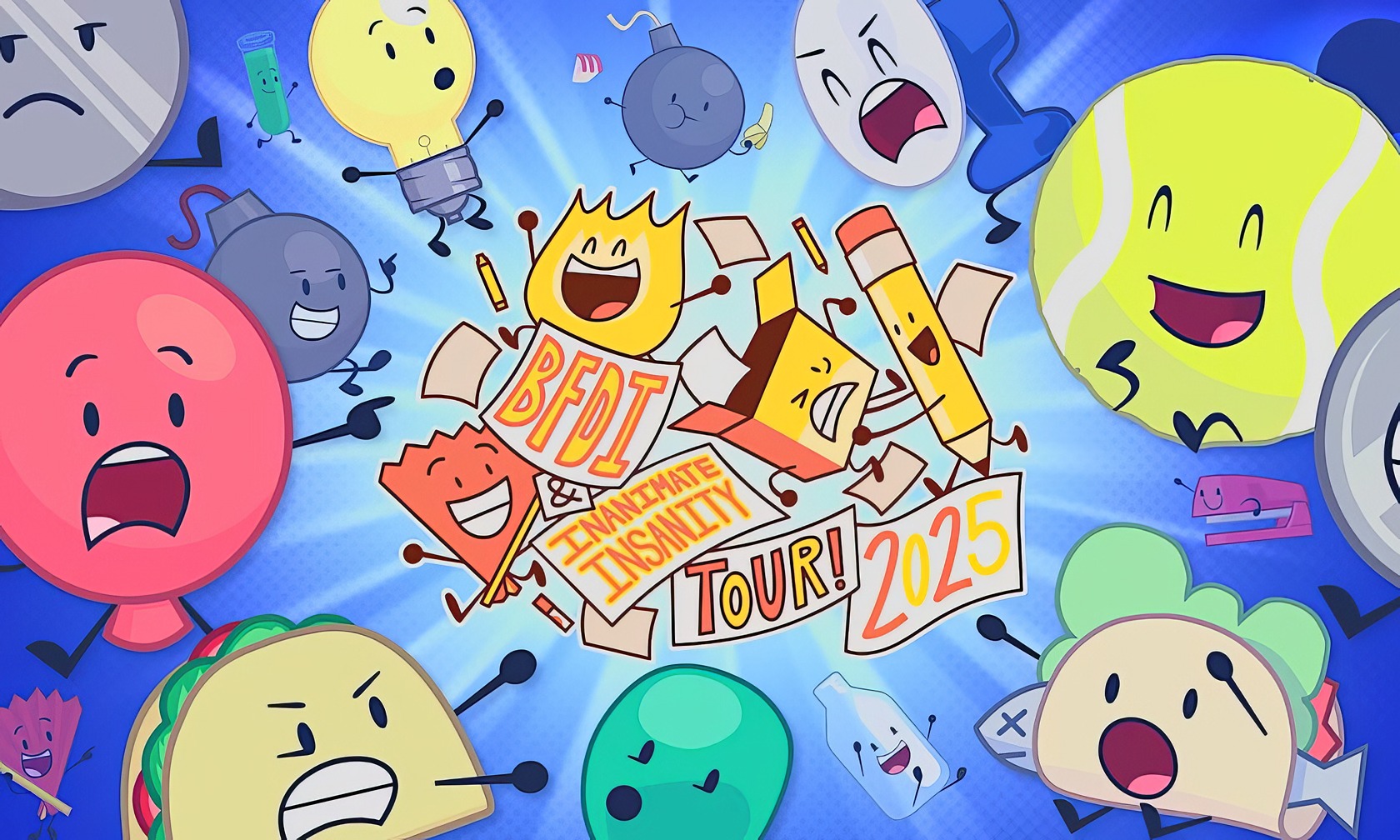 What Is BFDI (Battle For Dream Island)? Complete Guide 2 Bright, playful cartoon characters resembling various objects with expressive faces, celebrating at a chaotic "Inanimate Insanity" tour in 2025, filled with vibrant colors and fun energy.