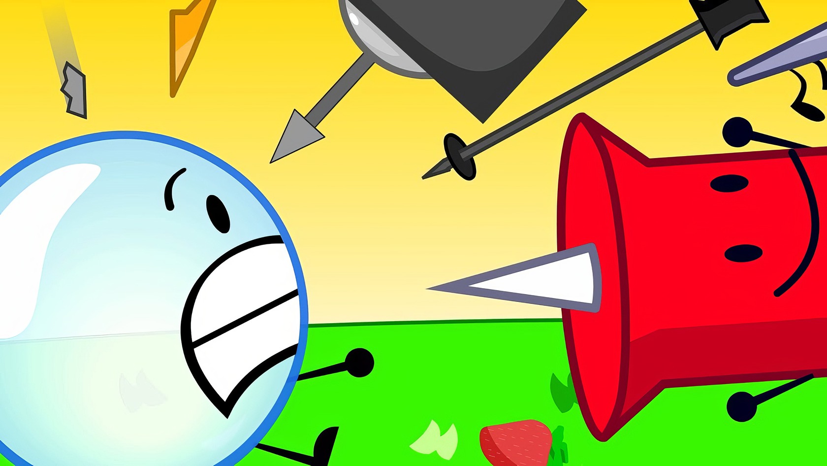 What Is BFDI (Battle For Dream Island)? Complete Guide 5 Confused alarm clock with scattered papers, an envelope, and a strawberry on the ground against a yellow background.