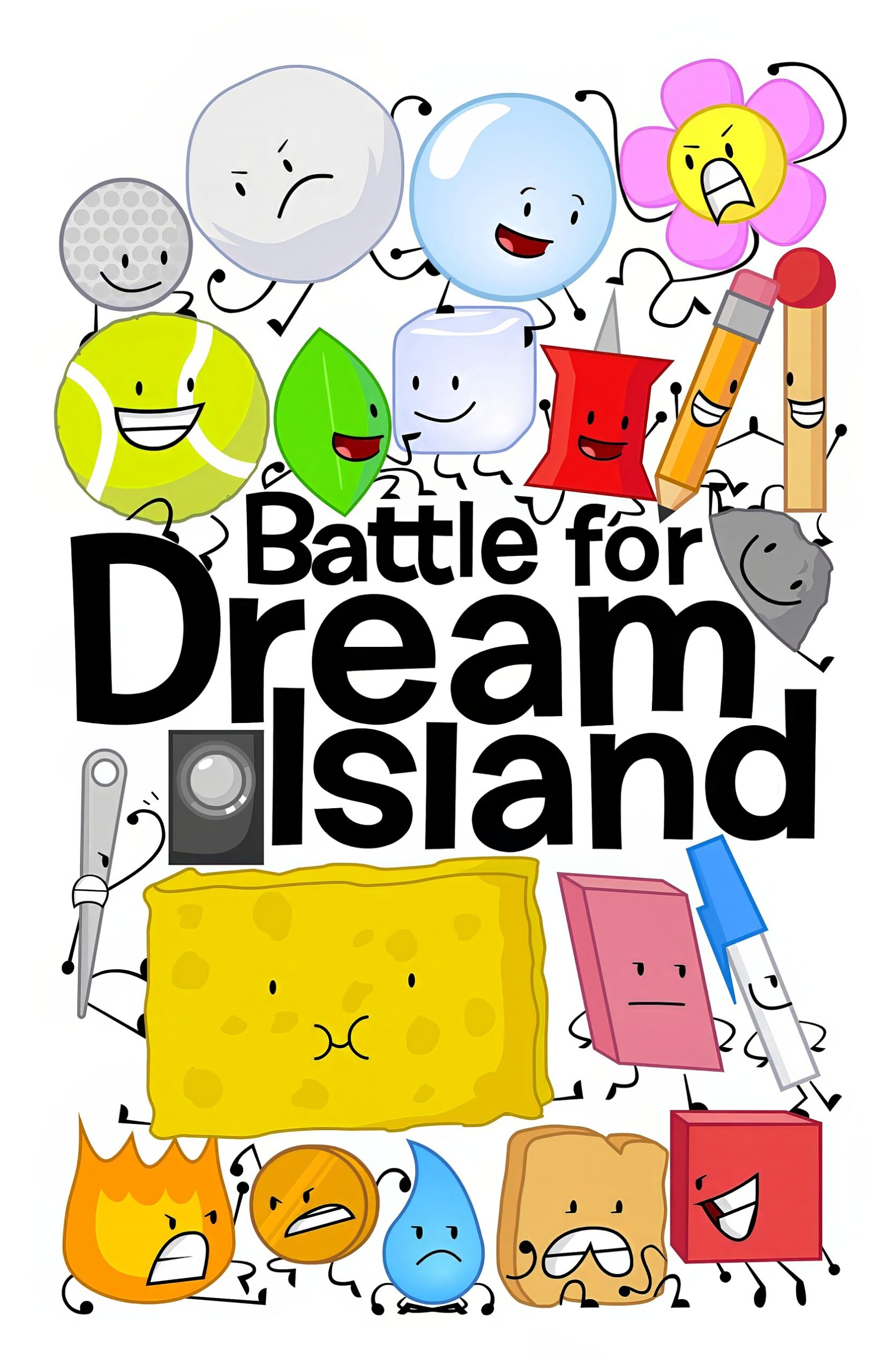 What Is BFDI (Battle For Dream Island)? Complete Guide 3 Happy cartoon characters representing different elements of a creative and imaginative game for kids, colorful, playful, and engaging illustration for Dream Island Battle game.