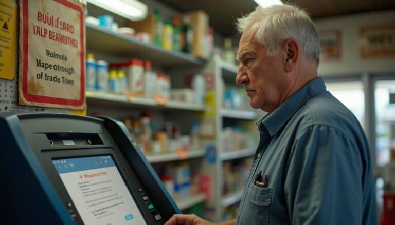 Elderly man at a pharmacy checkout screen experiencing a health alert on his device.