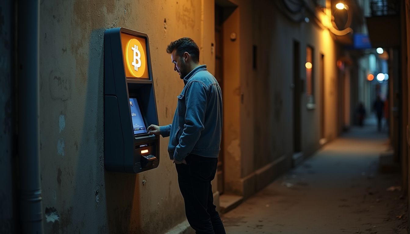 A man in his 30s uses a Bitcoin ATM in a narrow, cluttered alley at night, appearing cautious and focused. Bitcoin ATM, cryptocurrency exchange kiosk, man using Bitcoin ATM at night, digital currency transaction, crypto vending machine, innovative cryptocurrency financial technology, modern Bitcoin cash machine, digital finance innovation, personal digital currency banking, cryptocurrency payment technology.