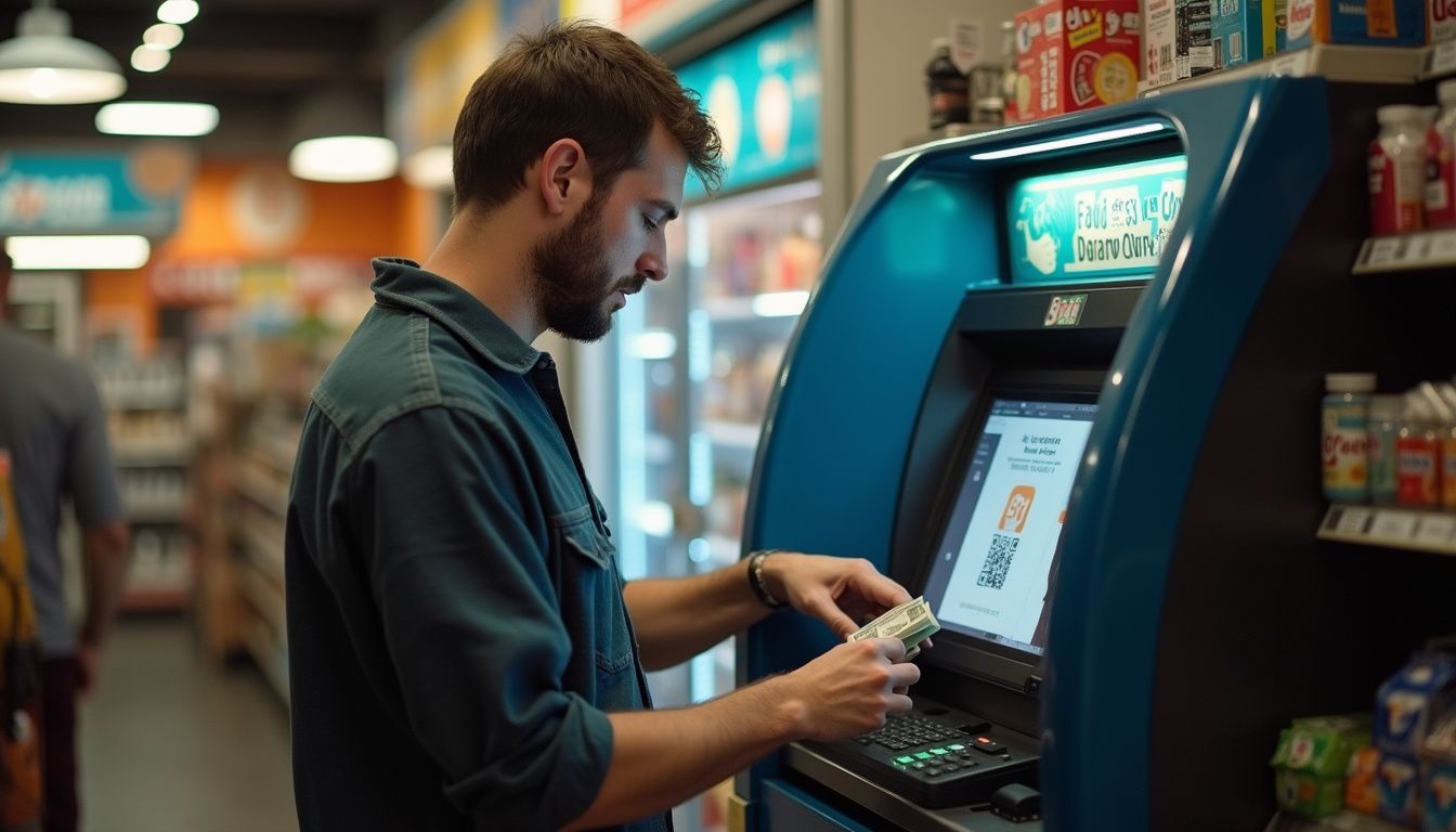 A casual man in his late 30s is using a Bitcoin ATM in a convenience store. - A man using an ATM machine at a convenience store to withdraw cash.