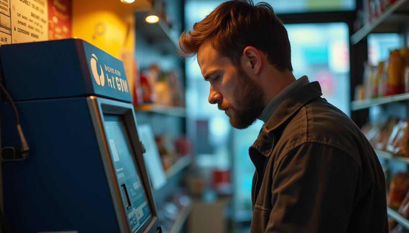 A casually dressed man uses a Bitcoin ATM in a cluttered convenience store, capturing a genuine everyday moment. Touchscreen vending machine at a convenience store.
