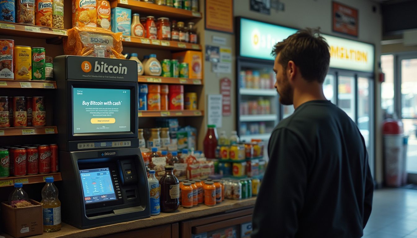 A Bitcoin ATM is located in a casual gas station surrounded by shelves of snacks and drinks. Bitcoin ATM inside a convenience store or gas station with a man making a transaction.
