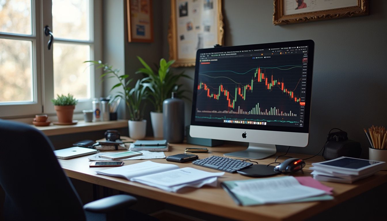 A cluttered home office desk displays cryptocurrency charts amid everyday work materials and a casually dressed person nearby. Investment analysis and stock trading on a desktop computer with financial charts and data.