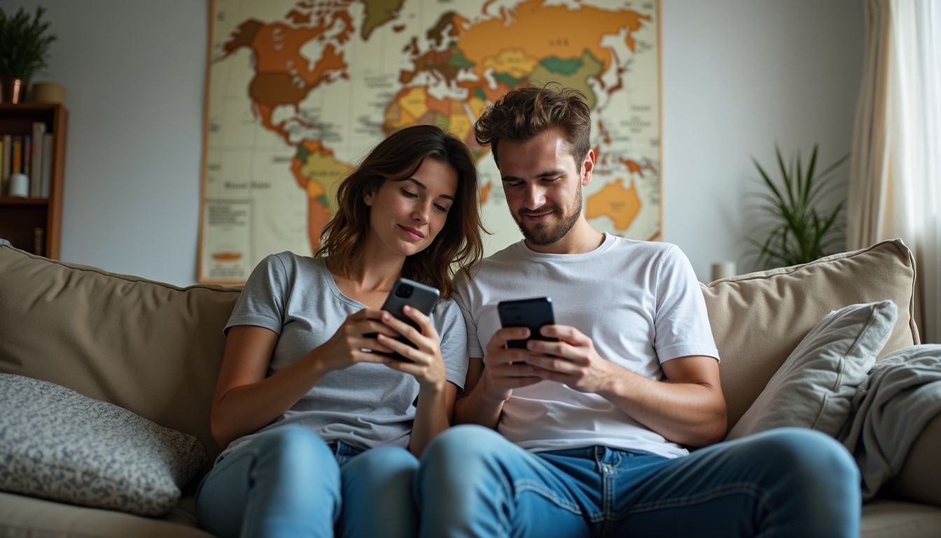 A couple in their 30s relaxes on a worn couch, each engaged with their phones in a cozy living room. Smartphone users enjoying content together on a cozy living room sofa with a world map in the background, showcasing modern technology and social interaction at home.