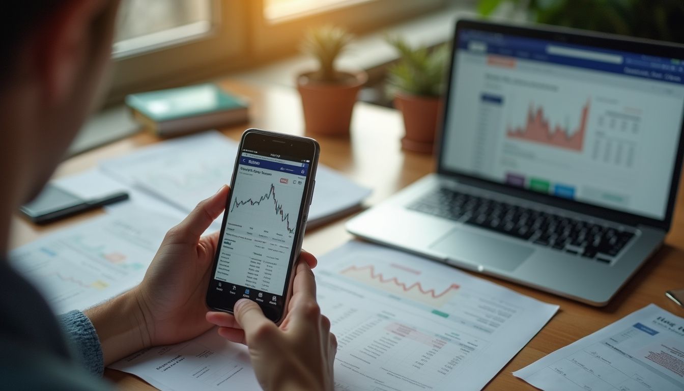 A person casually works through cryptocurrency paperwork and tax information on a cluttered desk. Mobile phone displaying stock market graph on the screen, with financial documents and a laptop showing investment data on a wooden desk.