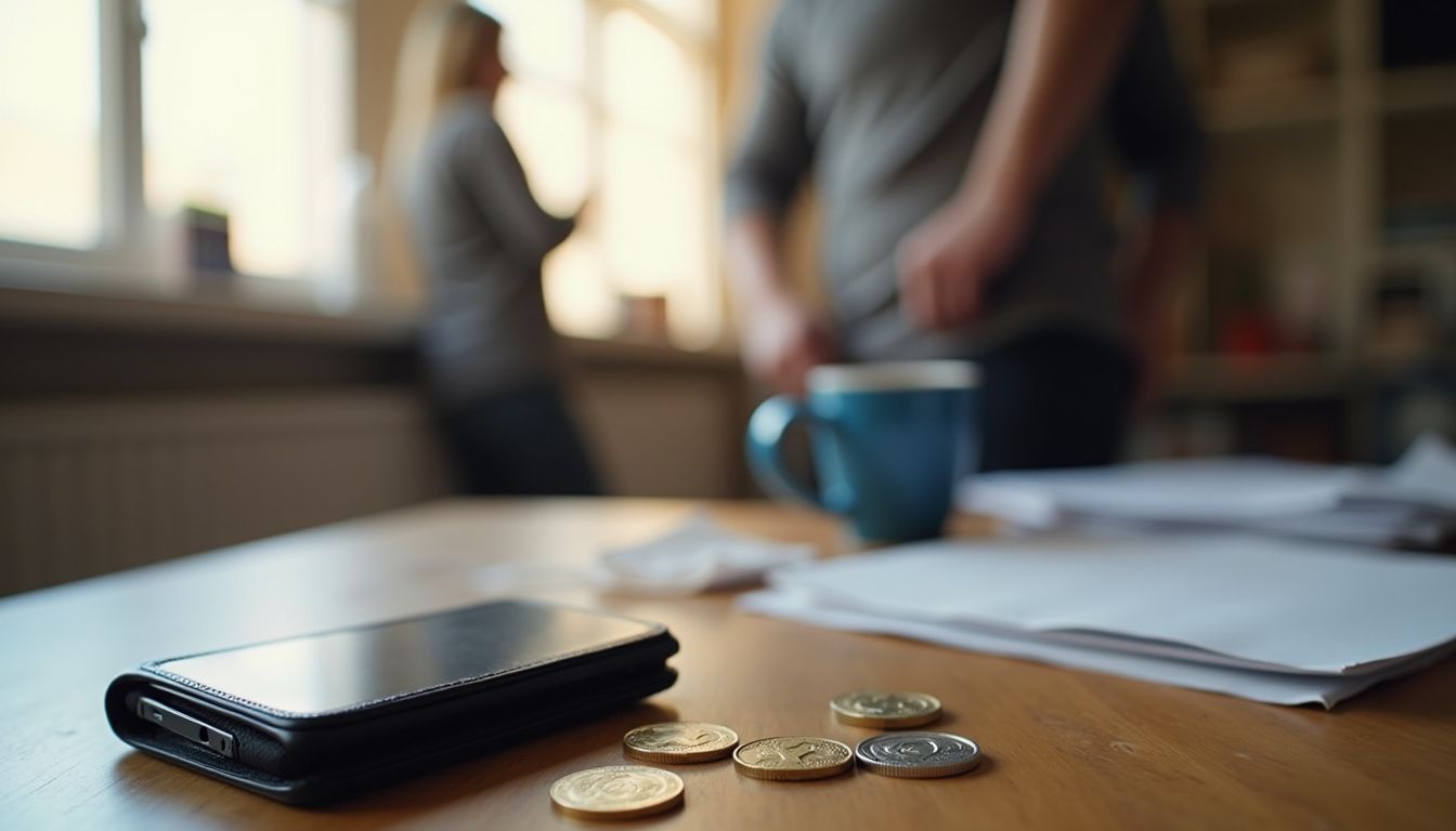 A digital wallet and scattered crypto coins rest on a cluttered table amidst a relaxed person. High-resolution smartphone on wooden table with coins, documents, and coffee mug, blurred background of people in an office setting, representing remote work, productivity, and modern work environments.