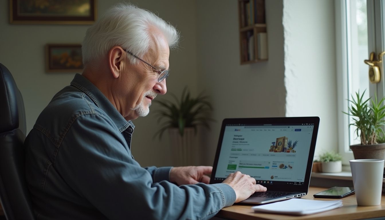 An older man casually works on his laptop, exploring a cryptocurrency website in a lived-in home environment. Senior man working on a laptop, browsing online shopping website at home.