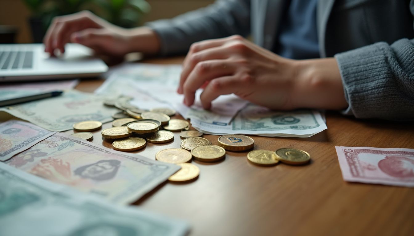 A casual snapshot of a messy desk featuring crypto coins and scattered paper bills, reflecting an everyday workspace. A casual snapshot of a messy desk featuring crypto coins and scattered paper bills, reflecting an everyday workspace.