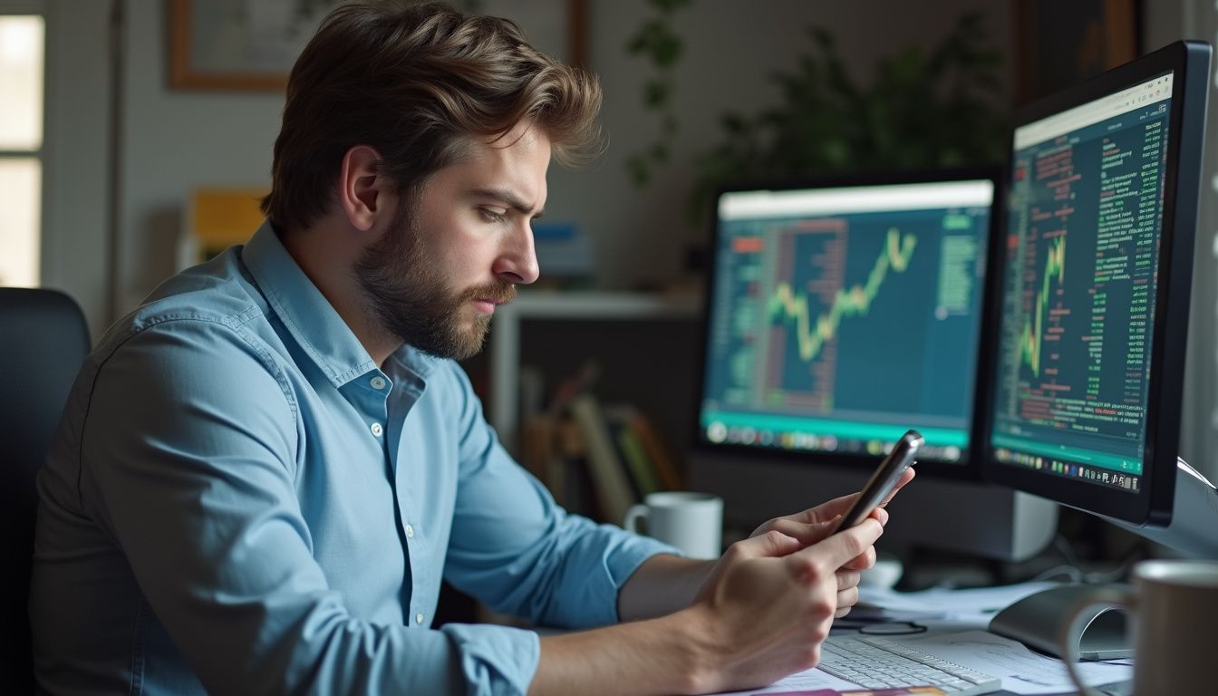 A frustrated man at a cluttered desk struggles with tech issues related to money transfer options. Analyzing stock data on multiple monitors in an office setting for trading and investment strategies.