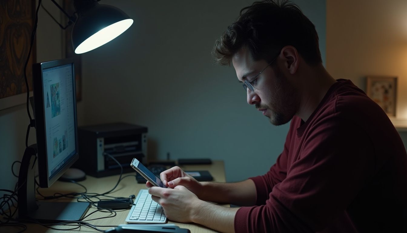 A man in his 30s types a private key on his phone amidst a cluttered desk. Man using smartphone at a desk with computer and desk lamp, working late in a modern home office.