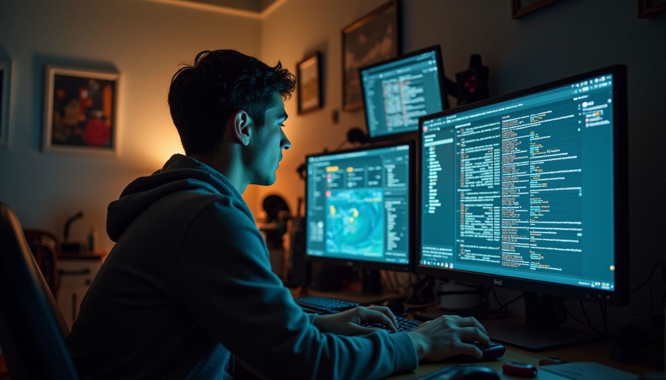 A person casually works at a cluttered desk with computer screens showing blockchain and cryptocurrency mining activities. Code developer working on multiple monitors in a dimly lit room, focusing on programming and software development for optimal tech performance.