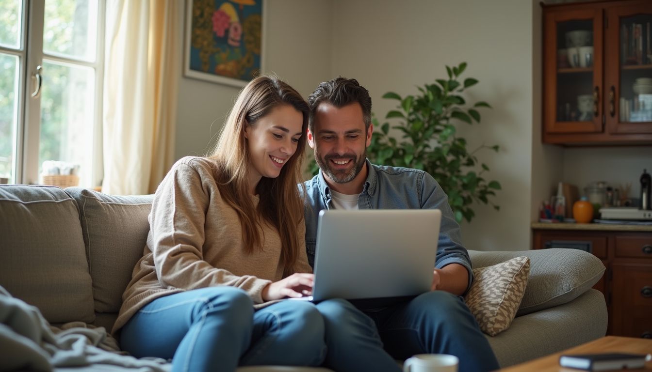 A casually dressed couple smiles together on a couch while working on a laptop in their cozy living room. Smiling couple using a laptop together on sofa in cozy home setting.