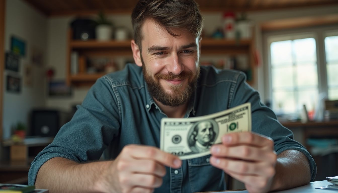 A casually dressed man in his 30s examines a $100 bill in a cluttered home office. $100 bill being held by a smiling man in a home office setting, conveying themes of success, wealth, and financial gain.