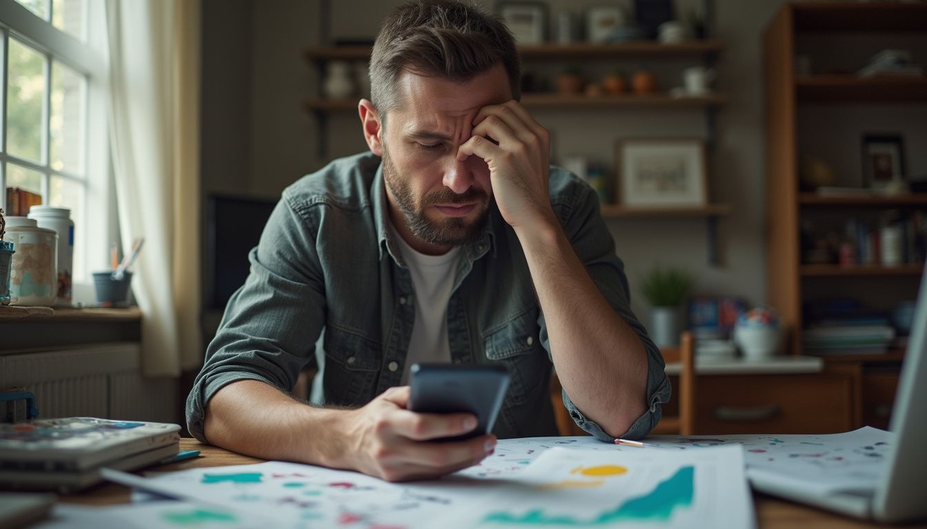 A man in his 30s looks worried while examining cryptocurrency charts in a cluttered room. Frustrated man using smartphone at home with papers and laptop on desk, representing tech struggles or stress with digital devices.