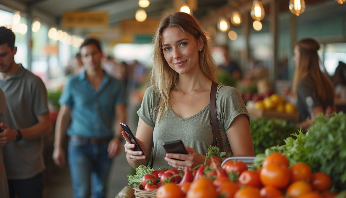 A casually dressed woman uses her phone to pay with crypto while selecting vegetables at a bustling farmer's market. Young woman shopping at a farmers market with fresh vegetables, holding her phone, smiling, surrounded by produce and other shoppers in the background.