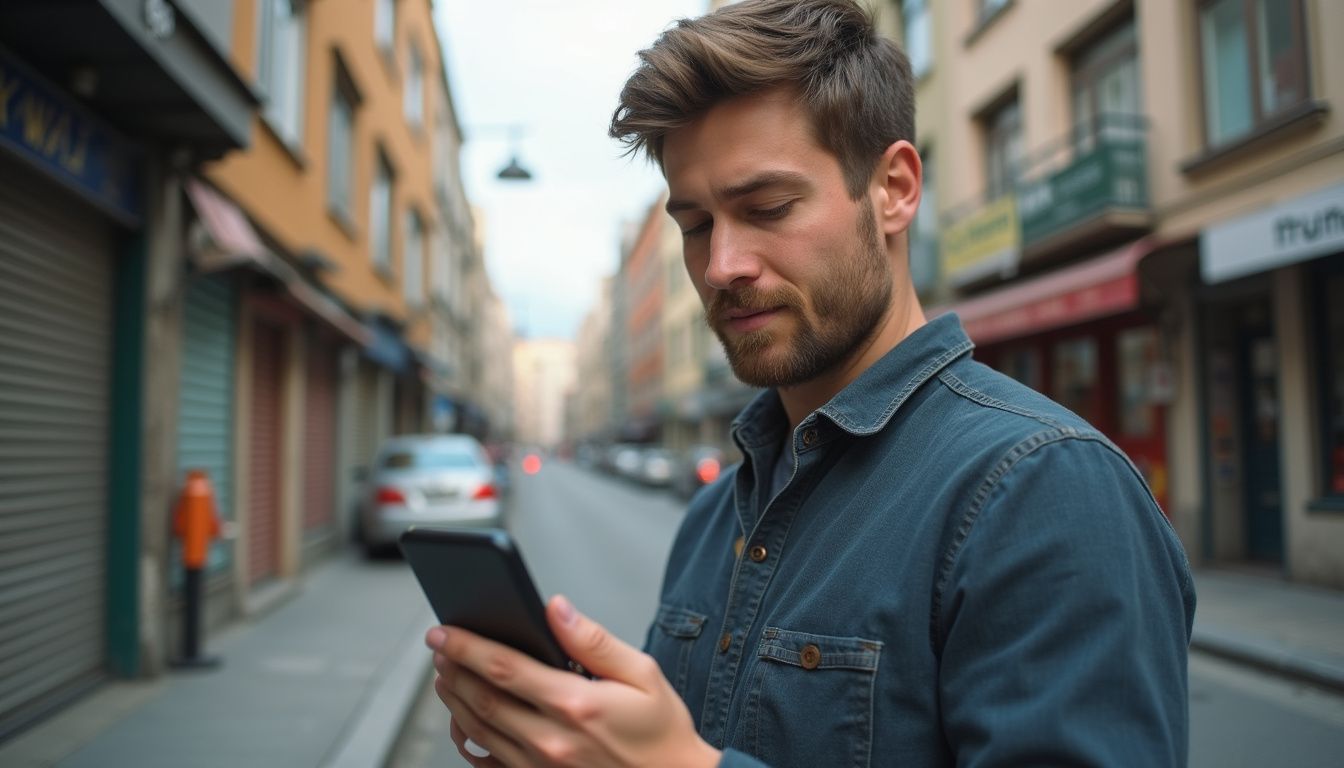 A casual man makes a cryptocurrency payment on his phone in a typical city street setting. A casual man makes a cryptocurrency payment on his phone in a typical city street setting.