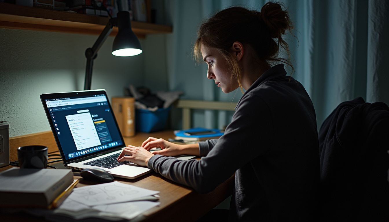 A tired woman in her 30s works at a cluttered desk, focused on cryptocurrency research and diagrams. Laptop user working late at home, studying or working on a project in a dimly lit room with a focused expression.