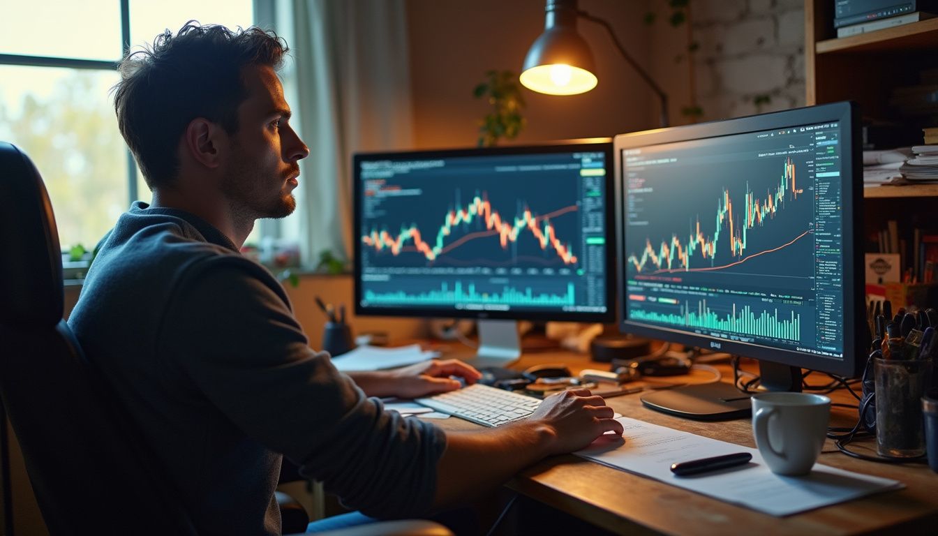 A man in his 30s works casually at a cluttered desk with multiple computer screens displaying crypto data. Analysis of stock market charts on dual monitors showing trading data and technical analysis.