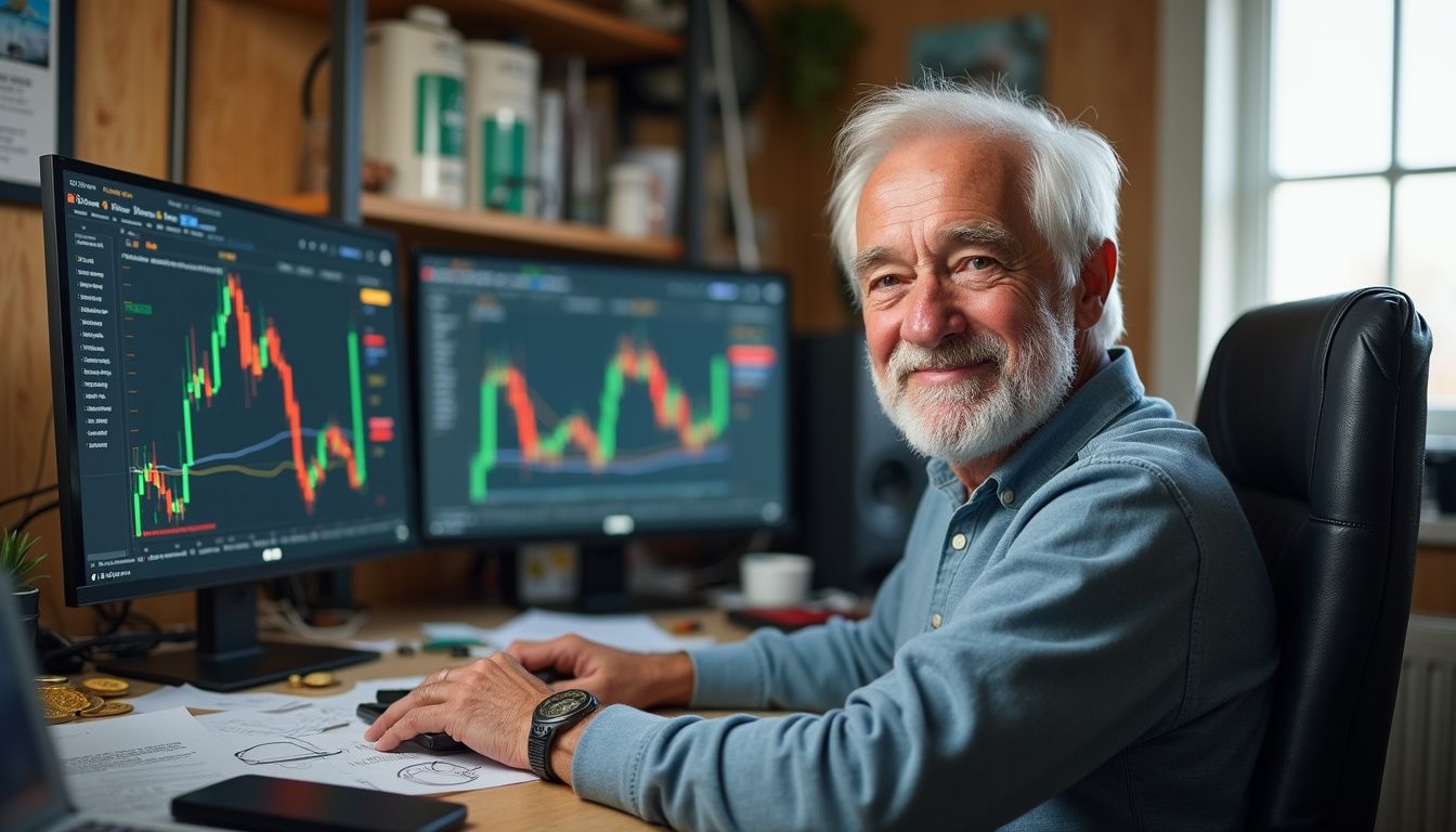 An older man relaxes at his cluttered desk surrounded by computer screens displaying cryptocurrency information. Senior man trading stocks on dual monitors showing stock market charts, in a home office setting, focusing on investment, finance, and trading strategies.