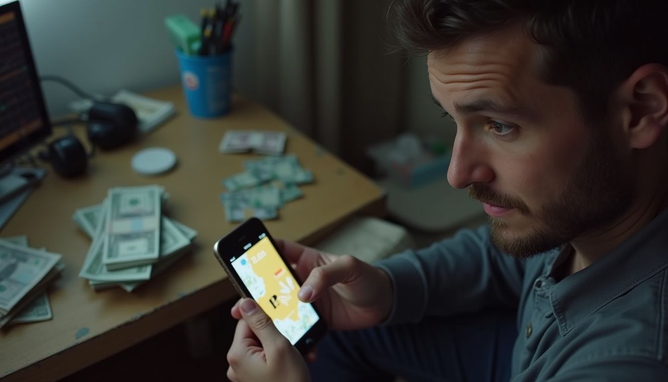 A casually dressed person uses their smartphone to send money, surrounded by scattered cash and a Bitcoin app. $alt text: Young man using mobile phone with digital currency app, surrounded by stacks of cash on his desk.