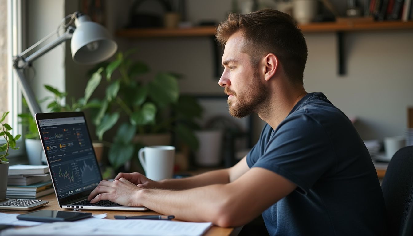 A man in his 30s sits at a cluttered desk, casually working on a laptop with a cryptocurrency transaction open. Focused man working on laptop with stock market data on screen, home office setting, plants and books in background, capturing concentration and tech-savvy environment.