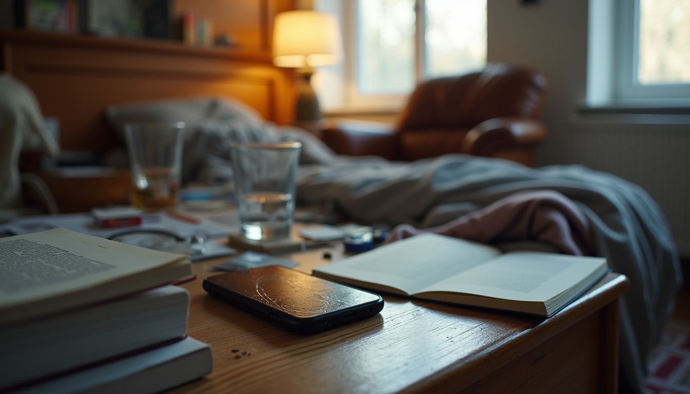 A cluttered bedside table with a smartphone, books, water glass, and an unmade bed reflects a lived-in bedroom. A cluttered bedside table with a smartphone, books, water glass, and an unmade bed reflects a lived-in bedroom.