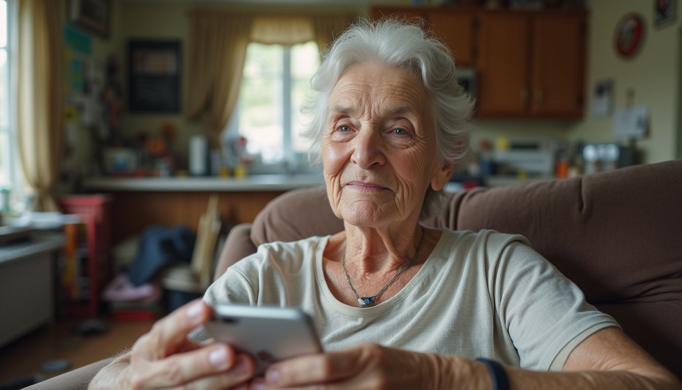 An elderly woman sits comfortably in her cluttered living room, showcasing a relaxed and authentic moment of daily life. An elderly woman sits comfortably in her cluttered living room, showcasing a relaxed and authentic moment of daily life.