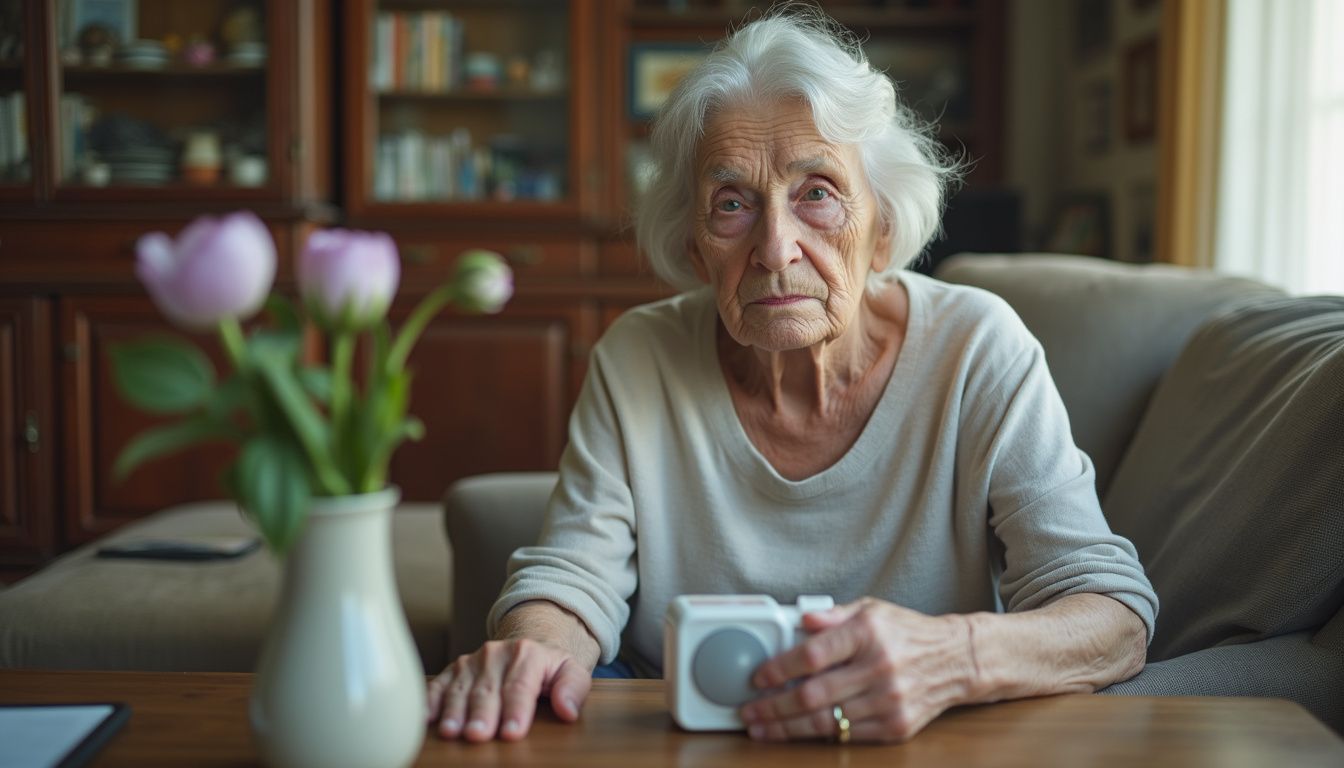An elderly woman sits in her cozy living room, with a medical alert button and fresh flowers on the table. An elderly woman sits in her cozy living room, with a medical alert button and fresh flowers on the table.