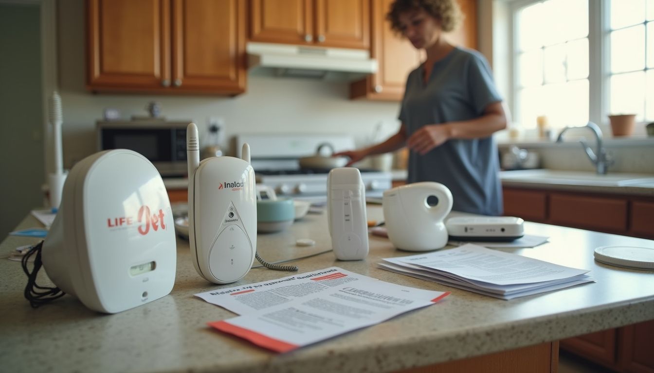 A cluttered kitchen counter displays various medical alert devices along with their price tags and monthly fees. A cluttered kitchen counter displays various medical alert devices along with their price tags and monthly fees.