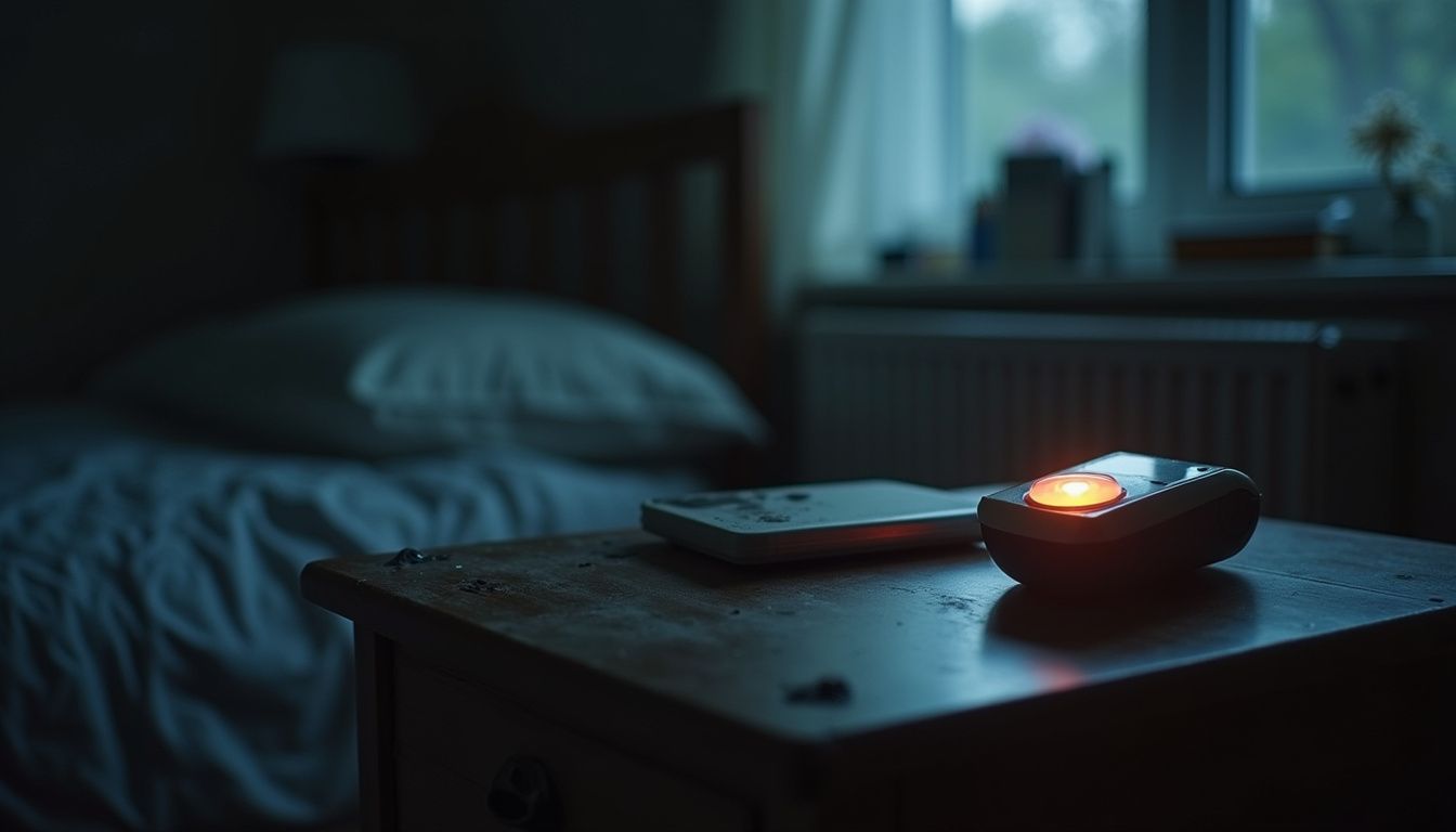 A medical alert device rests on a cluttered bedside table in a cozy, lived-in bedroom. A medical alert device rests on a cluttered bedside table in a cozy, lived-in bedroom.