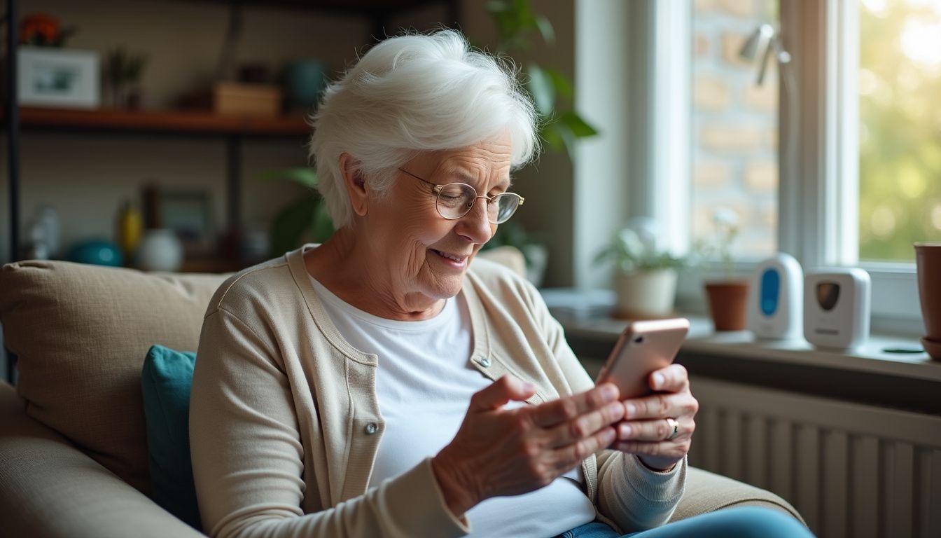 An older woman examines two medical alert devices in her cozy, lived-in living room. An older woman examines two medical alert devices in her cozy, lived-in living room.