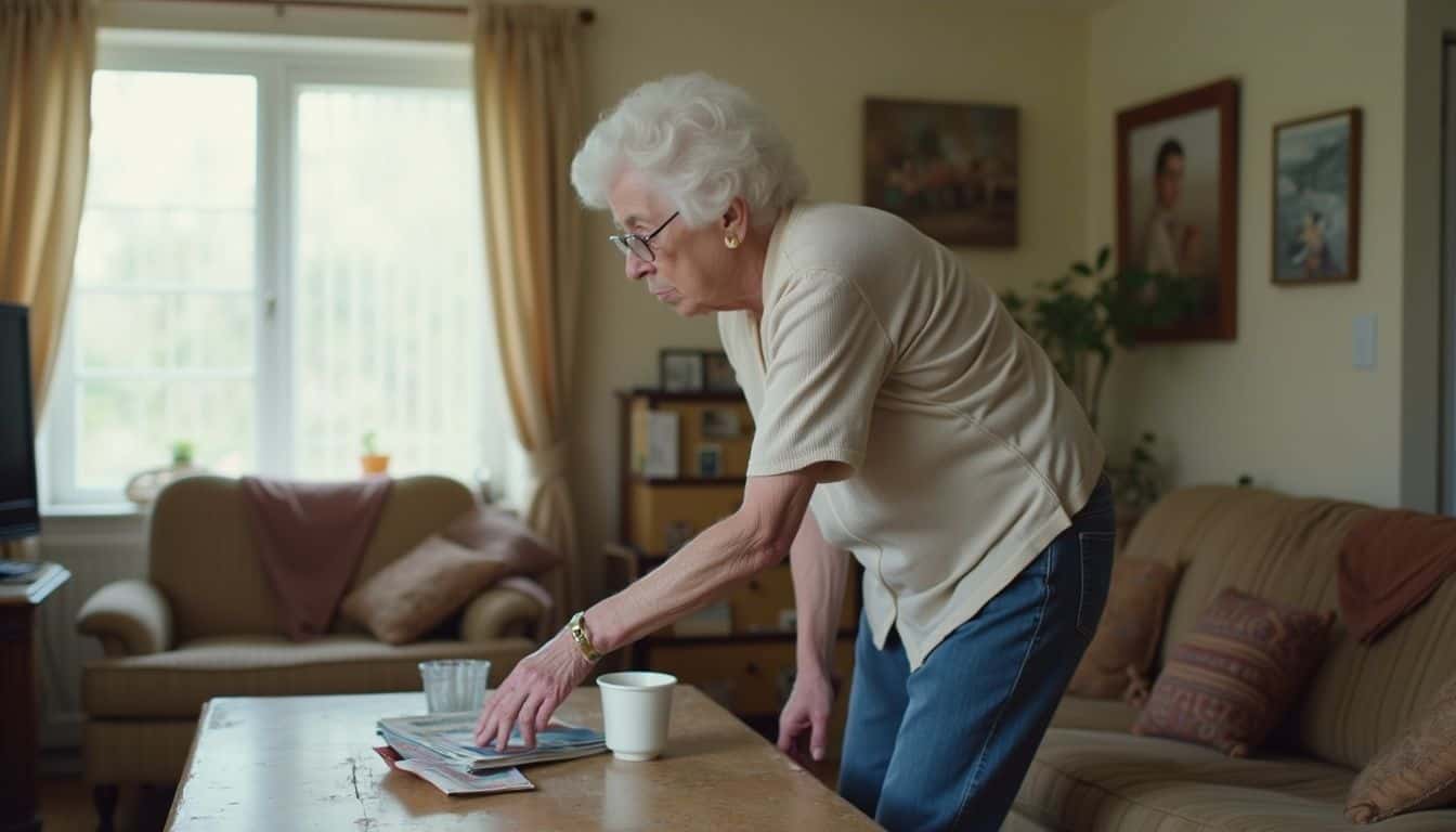 An older woman reaches for a coffee table for support in her cluttered living room.
