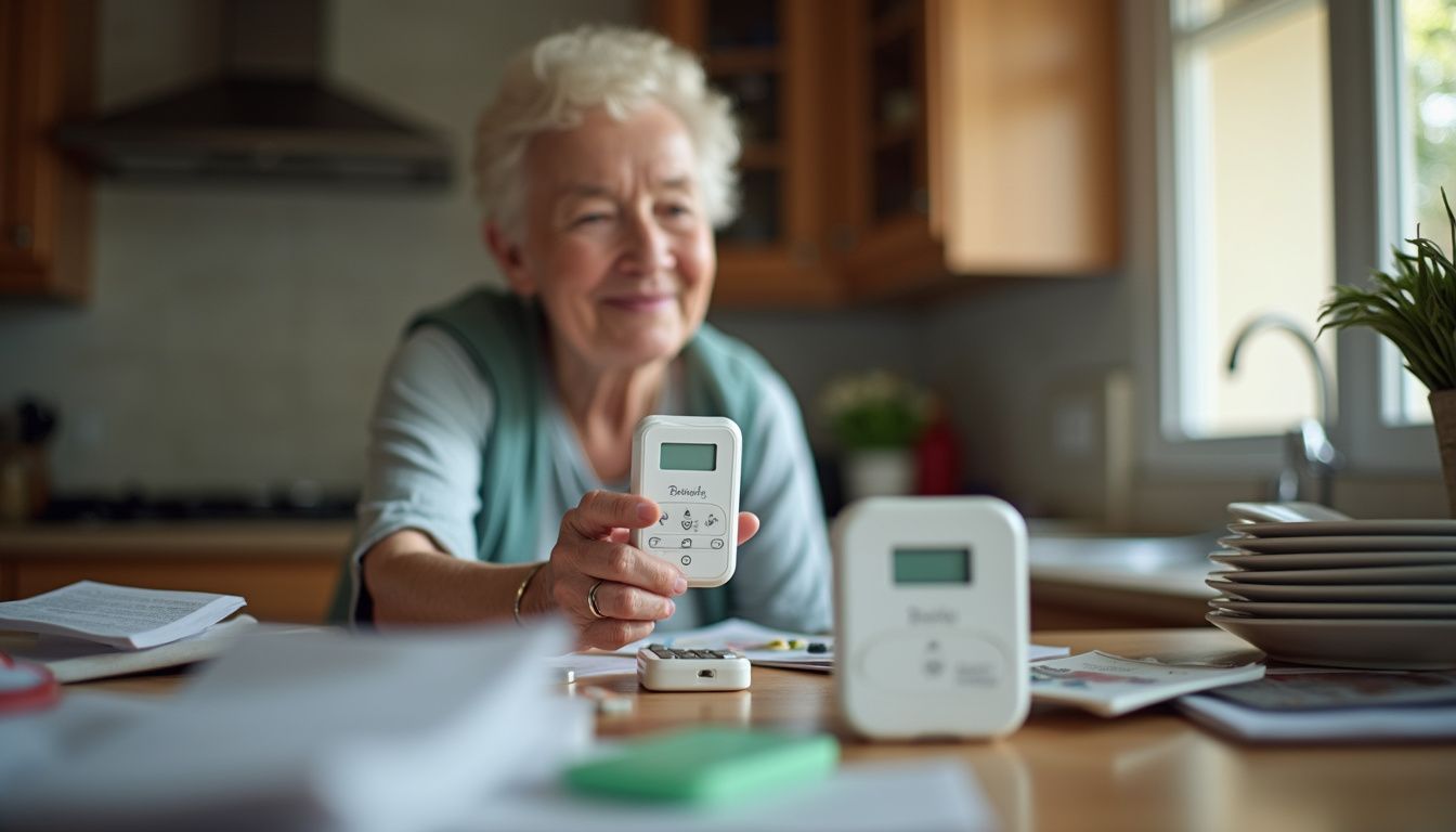 A candid shot of a messy kitchen counter with someone reaching for everyday medical alert devices. A candid shot of a messy kitchen counter with someone reaching for everyday medical alert devices.
