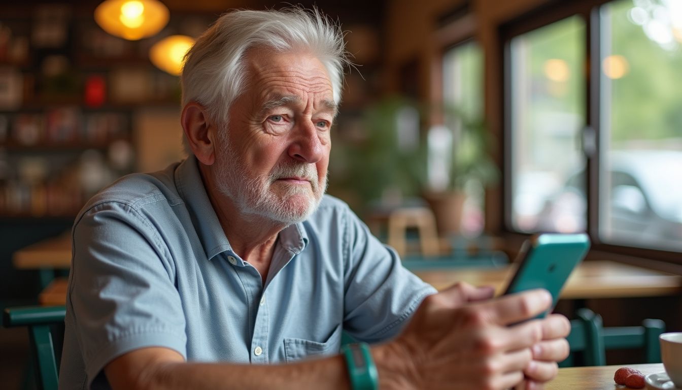 An older man in a casual restaurant discreetly wears a medical alert wristband while showing signs of discomfort. An older man in a casual restaurant discreetly wears a medical alert wristband while showing signs of discomfort.